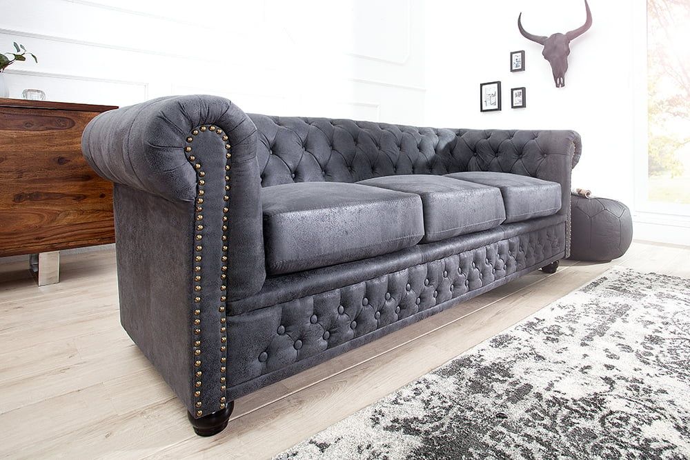 Invicta Interior Chesterfield 3‑zits bank 200 cm – antiekgrijs met veerkern