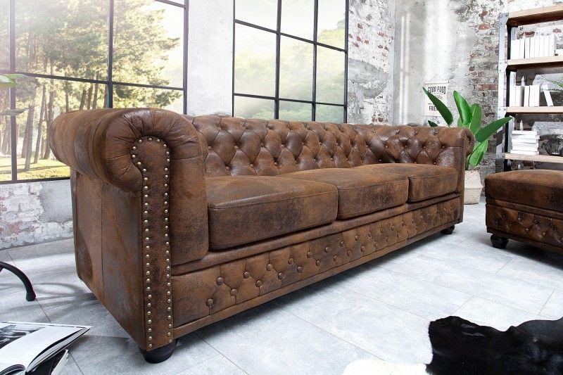 Invicta Interior Chesterfield 3‑Zitsbank 205 cm – Antiekbruin met Knoopstiksel & Veerkern