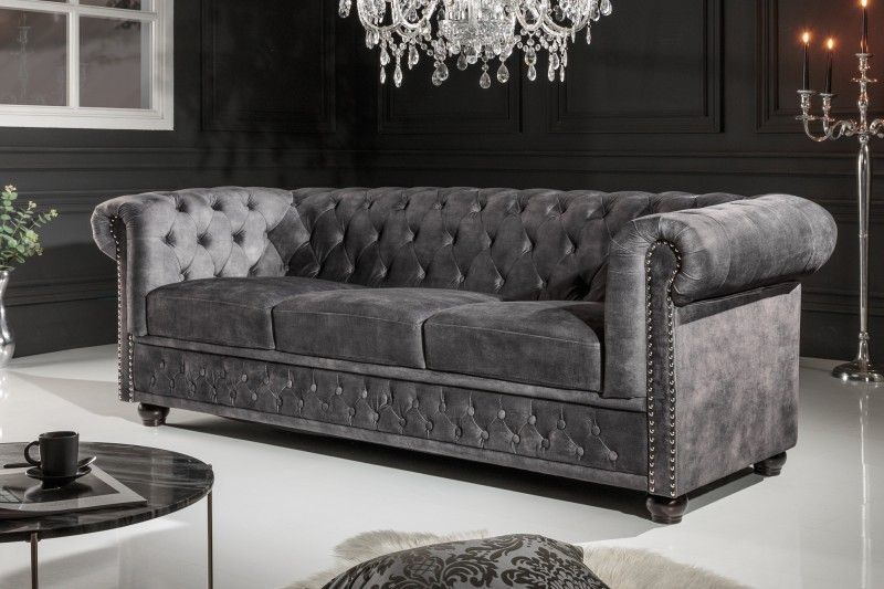 Invicta Interior Chesterfield 3‑zitsbank 205 cm – Luxe grijs fluweel met knoopstiksel en veerkern