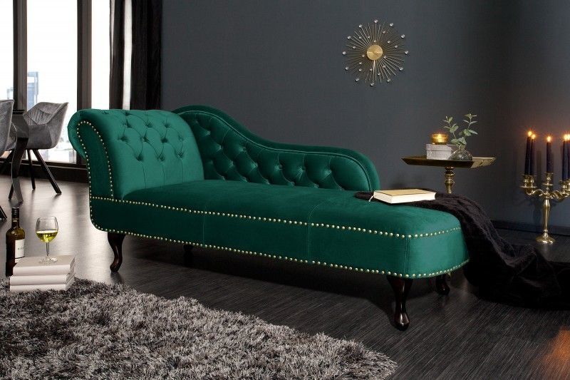 Invicta Interior Chesterfield Chaise Longue 170 cm – Smaragdgroen fluweel met knoopsluiting en klinknagels