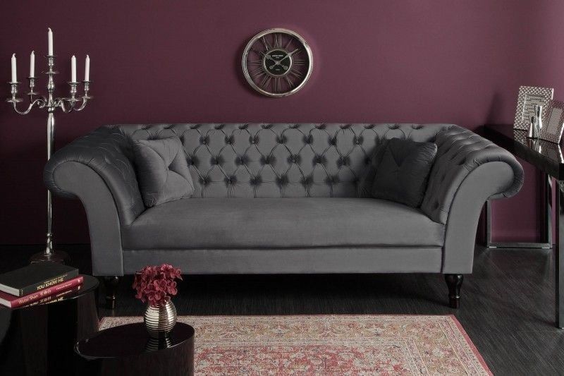Invicta Interior Chesterfield Design 3‑zits loungebank PARIS – Zilvergrijs Fluweel