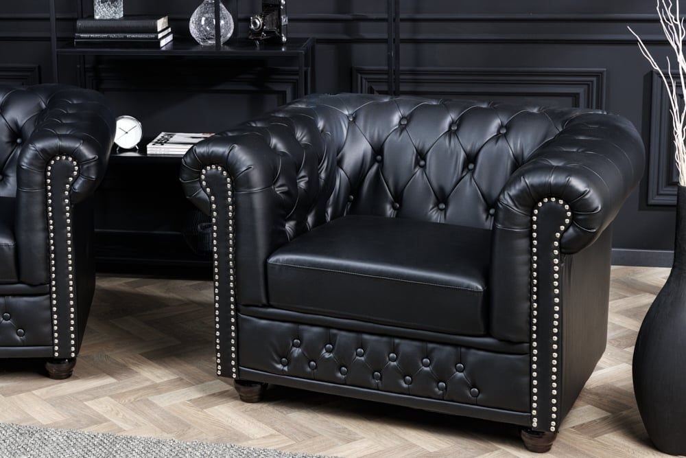 Invicta Interior Chesterfield Fauteuil 110 cm – Luxe matzwarte klassieker met veerkern