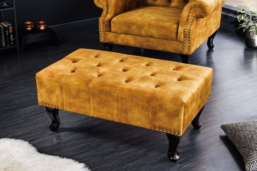 Invicta Interior Chesterfield Voetenbank – 80 cm Mosterdgeel Fluweel