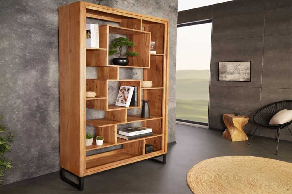 Invicta Interior CUBUS Boekenkast – Massief Acaciahout met Zwarte Metalen Poten, 190 cm