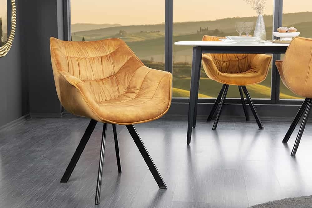 Invicta Interior Dutch Comfort eetkamerstoel – mosterdgeel fluweel met zwarte metalen poten