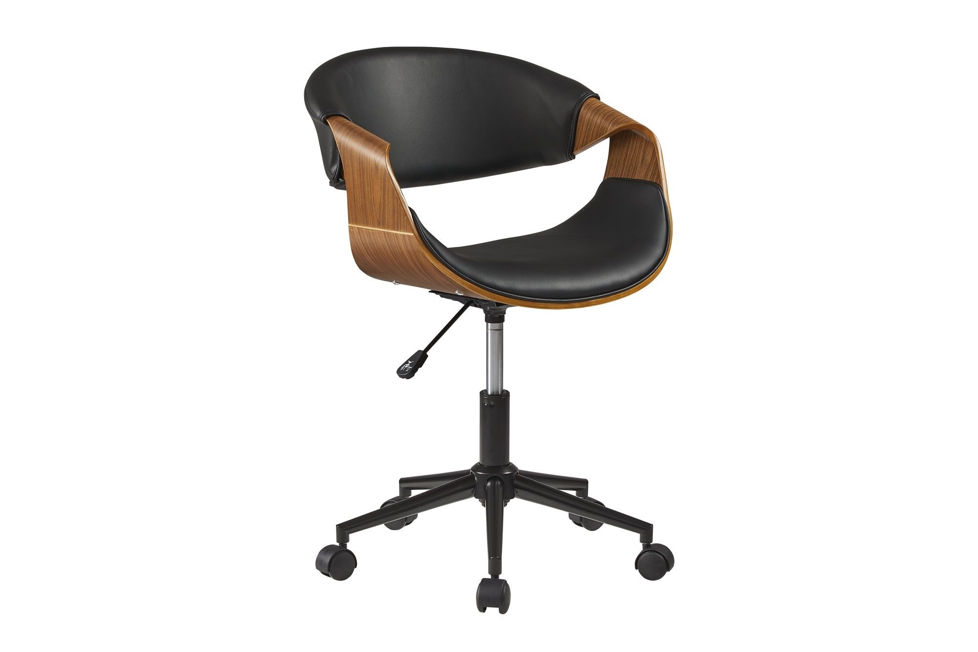 Invicta Interior ORGANIC Bureaustoel – Draaibaar, Kunstleer Zwart met Walnoothouten Look