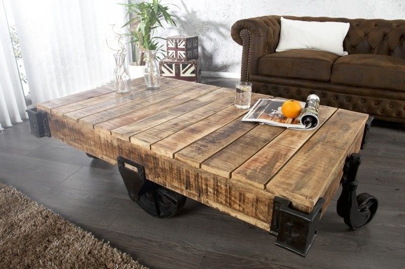 Invicta Interior RAILWAY Salontafel 110 cm – Mangohouten design met stevige wielen