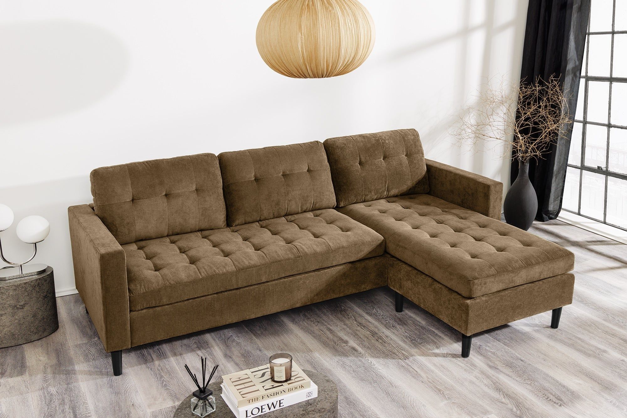 Invicta Interior Retro Hoekbank Stockholm – 220 cm Luxe Corduroy in Bruin