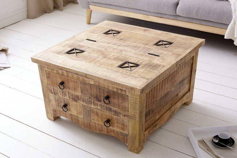 Iron Craft massieve mangohouten salontafel met lades – 70 cm