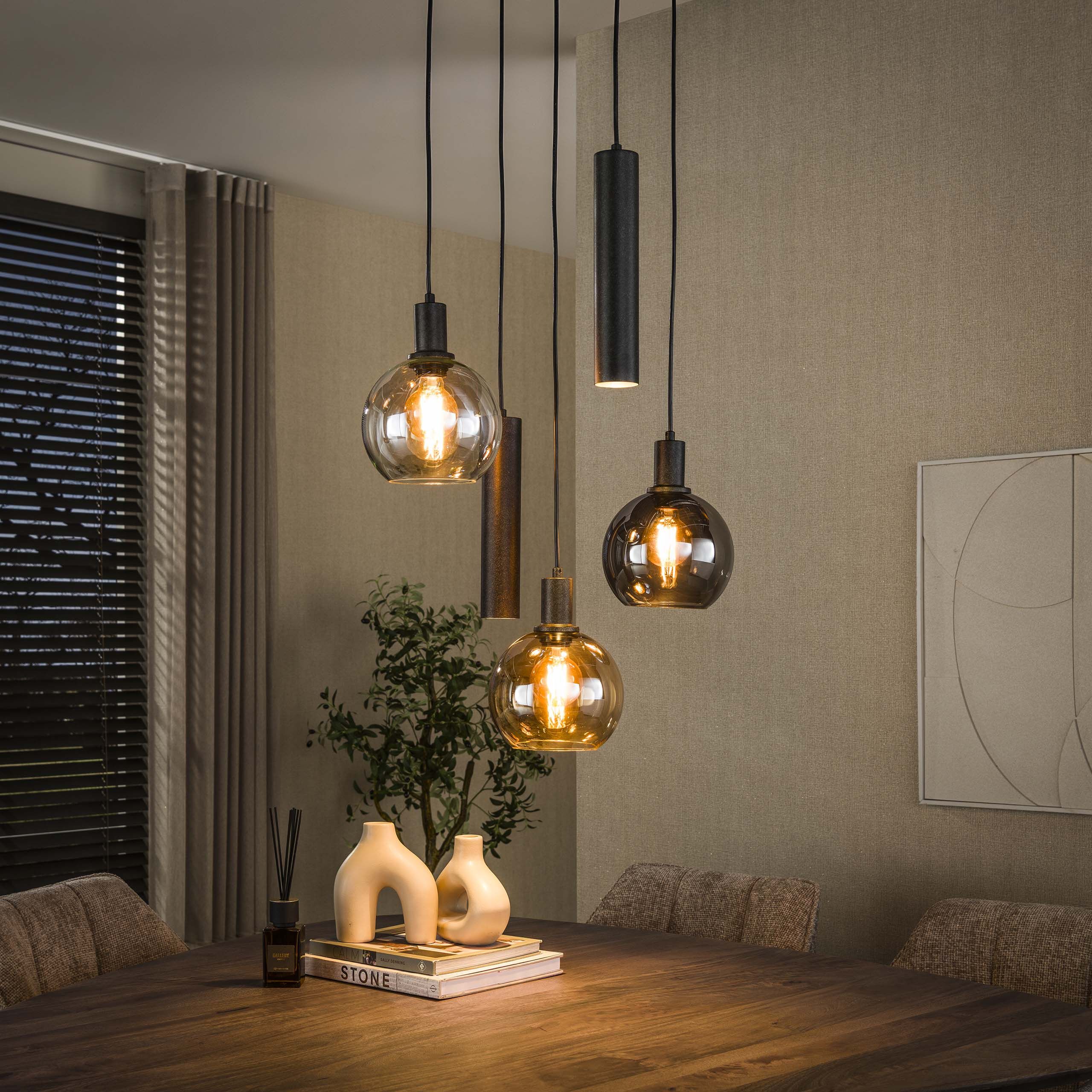 Janetta Hanglamp van LifestyleFurn – Meerkleurige 3+2 Lampen in Glas en Metaal