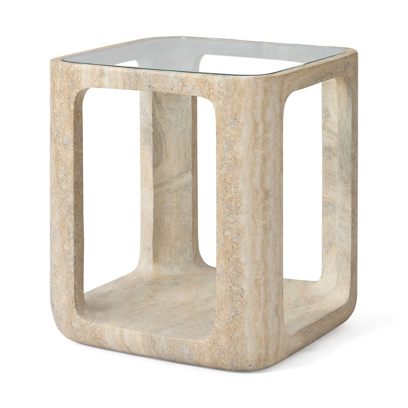 Jesper Home Bijzettafel Yobeko – Moderne Travertinlook met Glazen blad, 48 × 48 cm