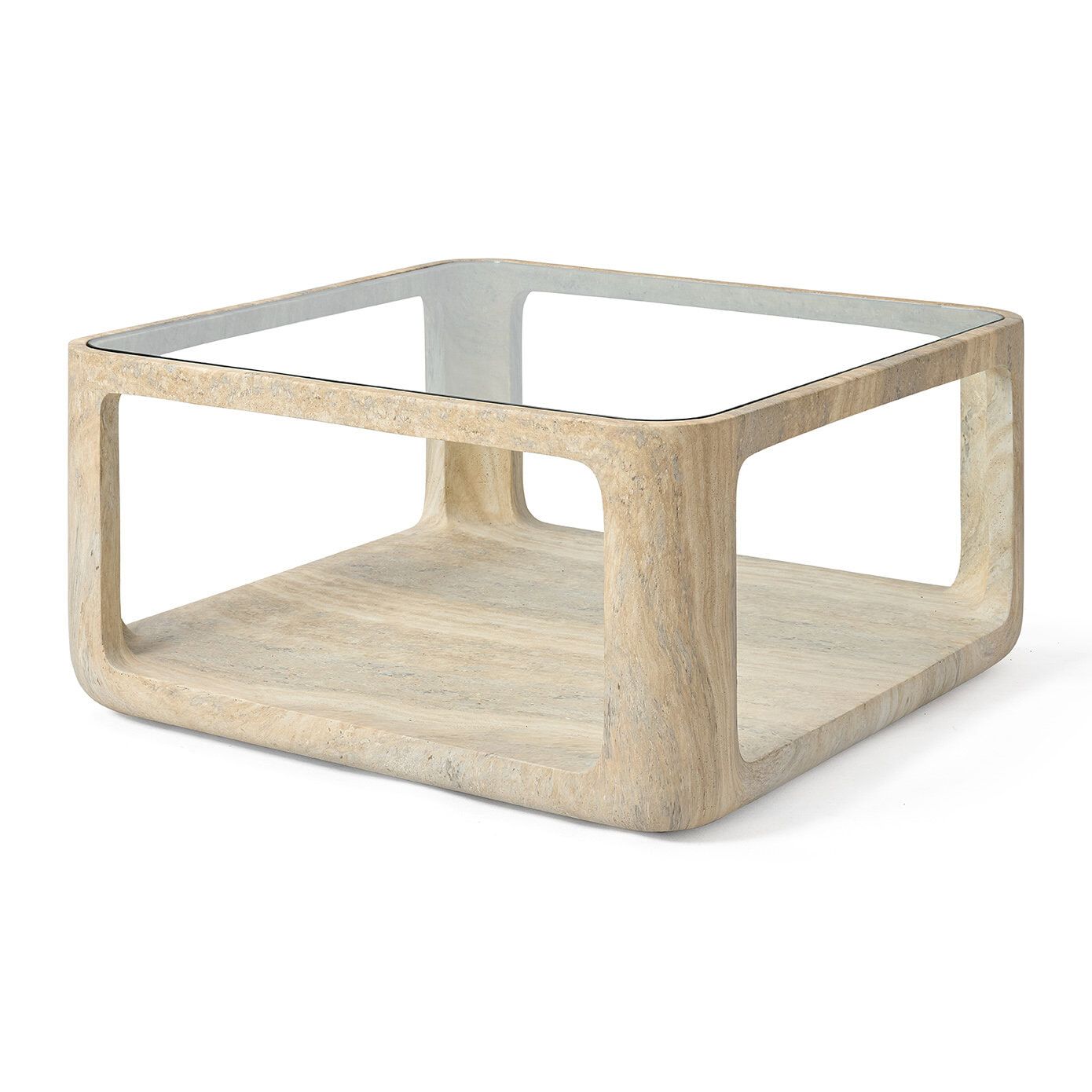 Jesper Home Yobeko Salontafel – Strakke Travertinlook en Glazen Bovenkant, 80×80 cm