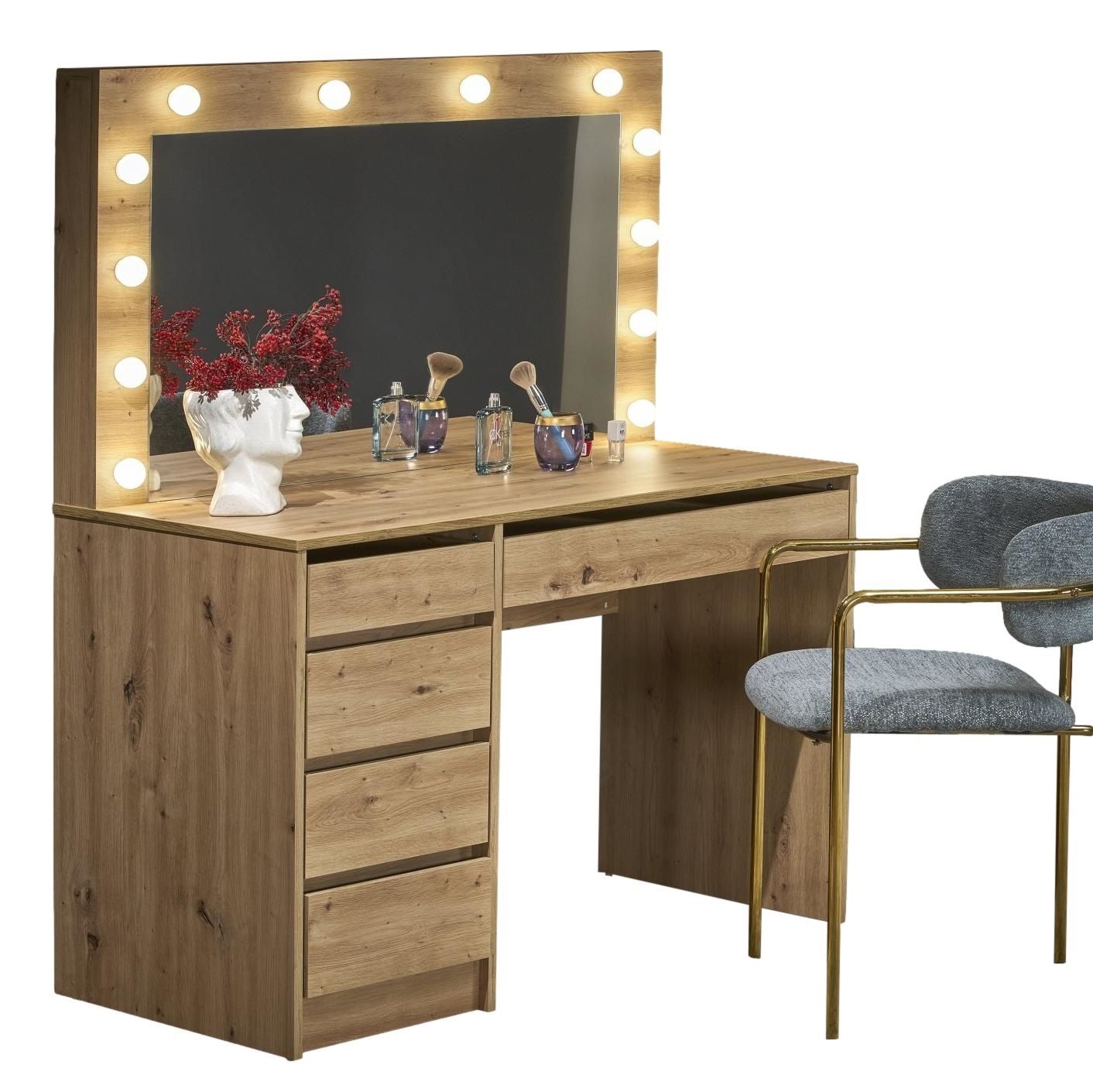Kaptafel Charme – 120 cm bruine make‑uptafel met spiegel en wit LED