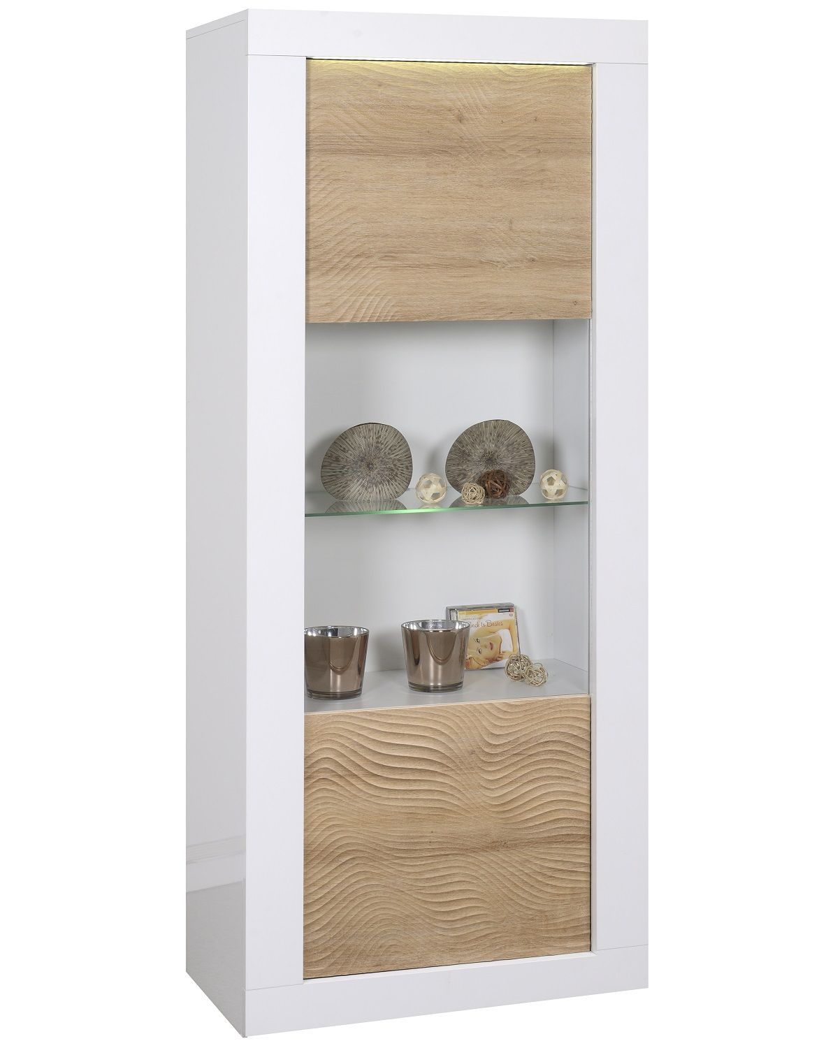 Karma vitrinekast 190 cm – hoogglans wit met eiken: strak design en slimme opbergruimte
