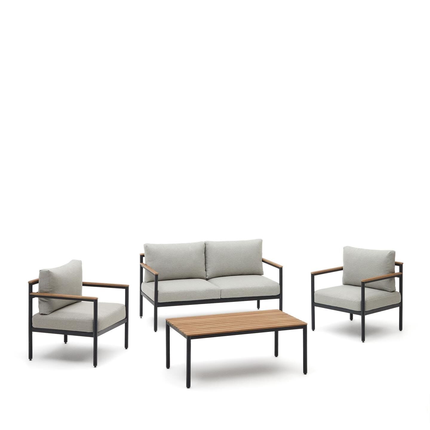 Kave Home Aiguafreda Loungeset – 2‑zitsbank, 2 fauteuils en salontafel in stijlvol grijs