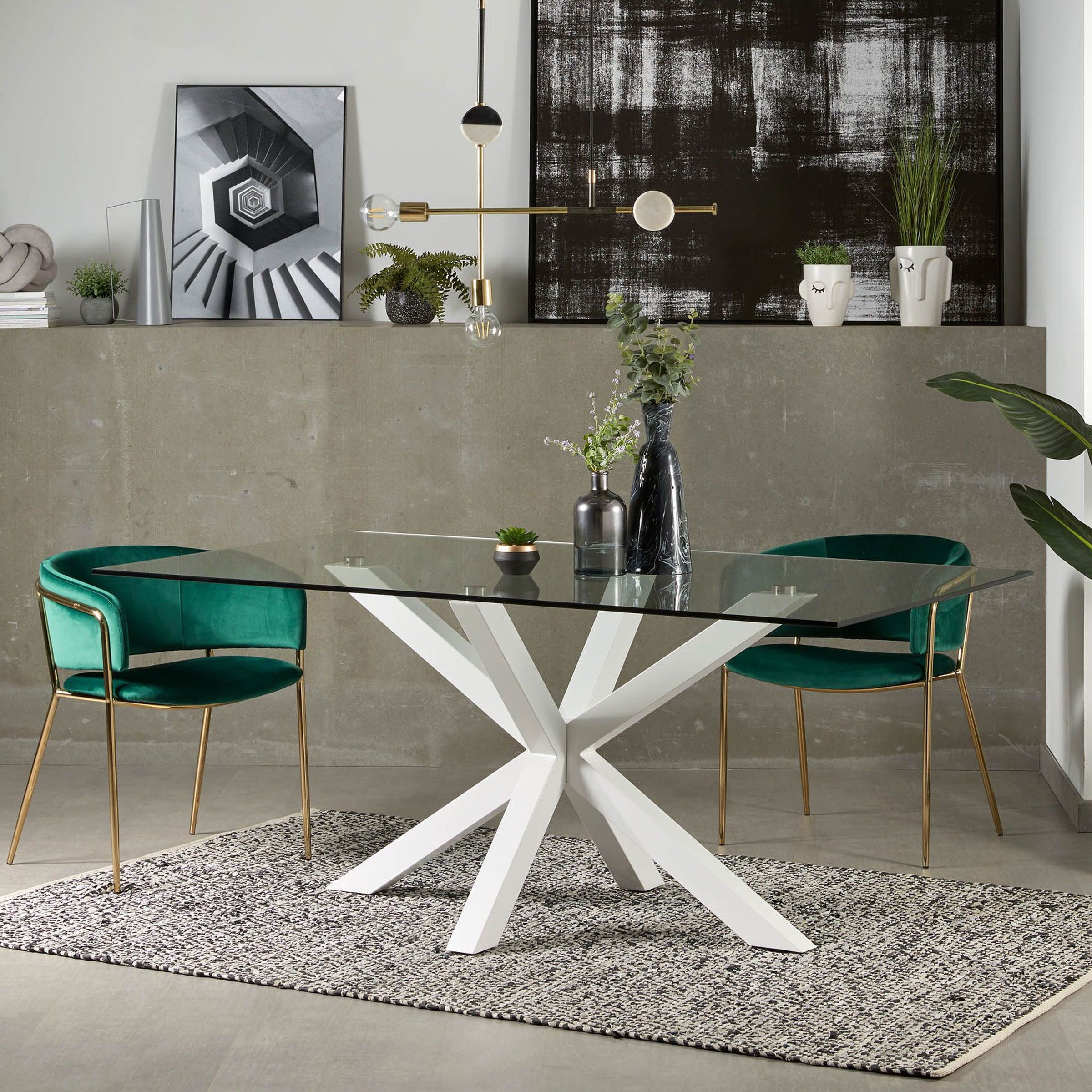 Kave Home Argo eettafel 160 × 90 cm – strak glas met wit onderstel