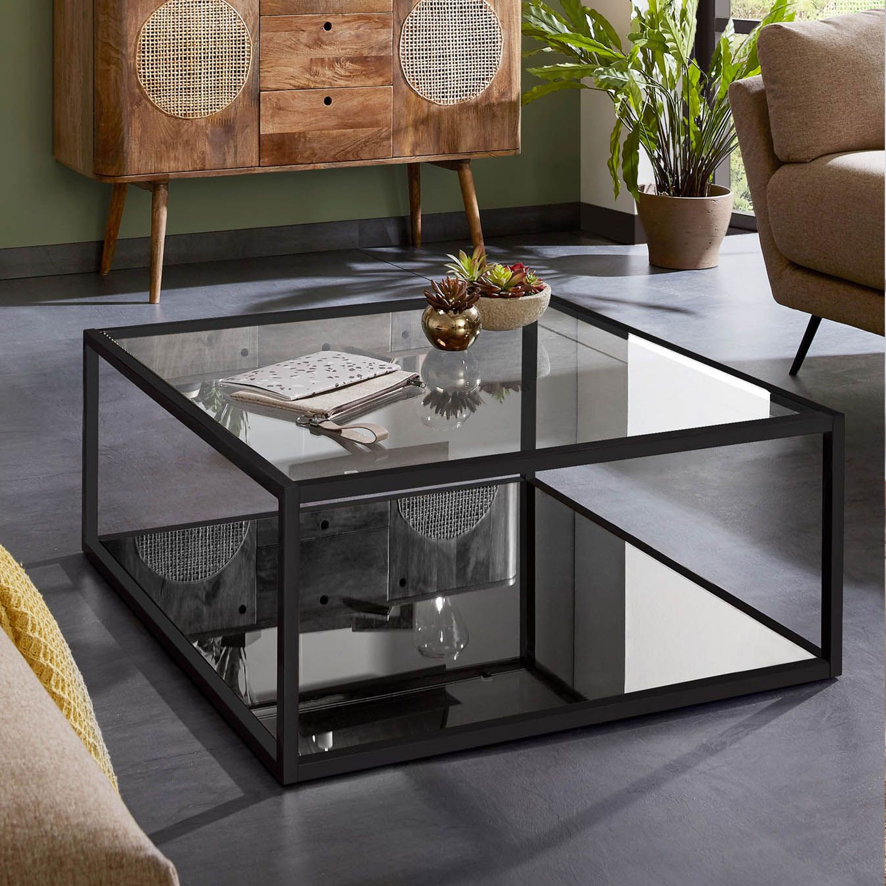 Kave Home Blackhill Salontafel – Strak zwart glazen design, 80 × 80 cm