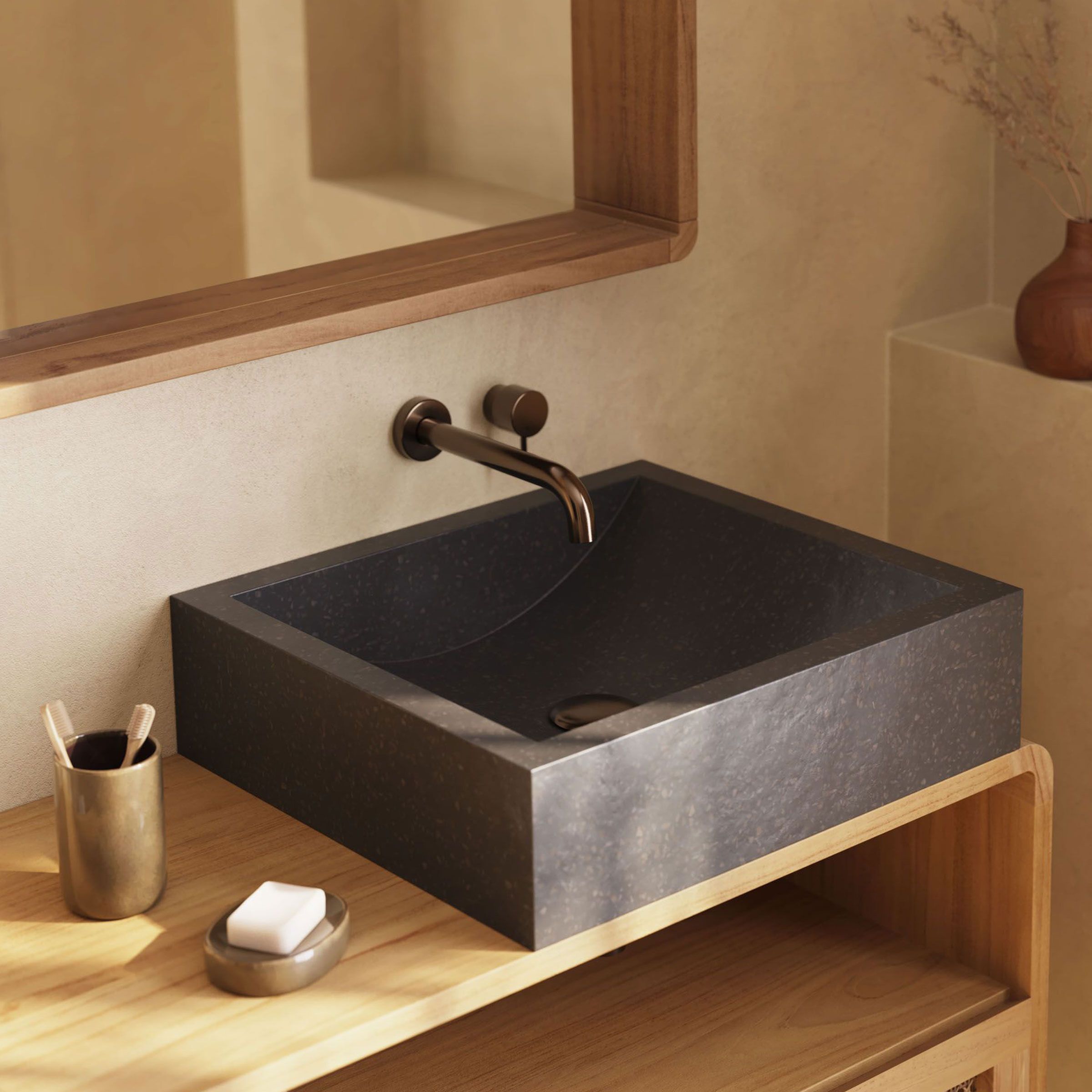 Kave Home Delina Opzetwastafel in Zwart Terrazzo – Luxe en Functionaliteit voor een Strakke Badkamer