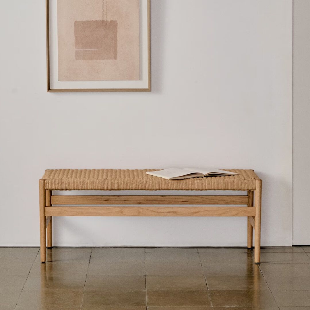 Kave Home eetkamerbank Zaide – massief eiken & handgevlochten touw, 120 cm