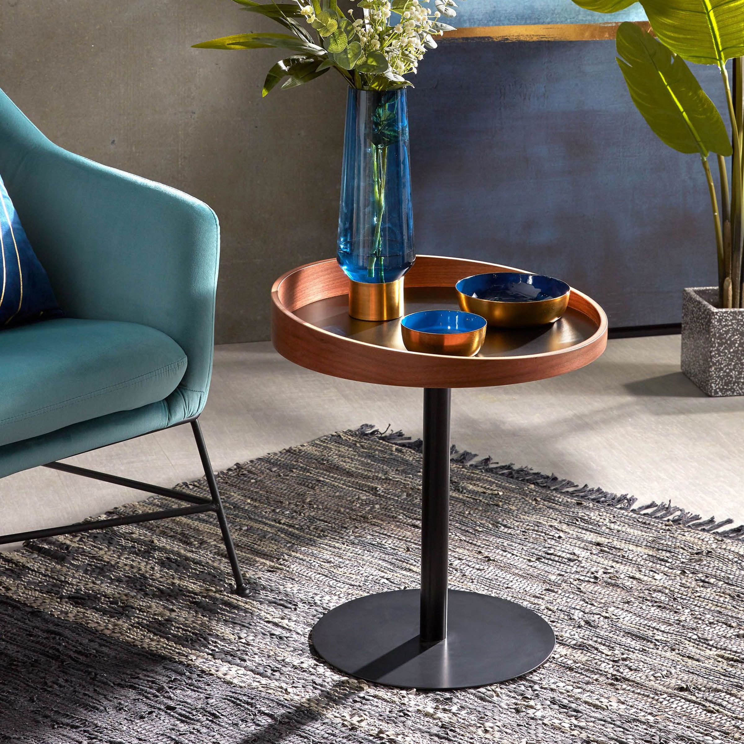 Kave Home Kaori Bijzettafel 46 cm – Modern rond tafeltje in zwart en walnootfineer
