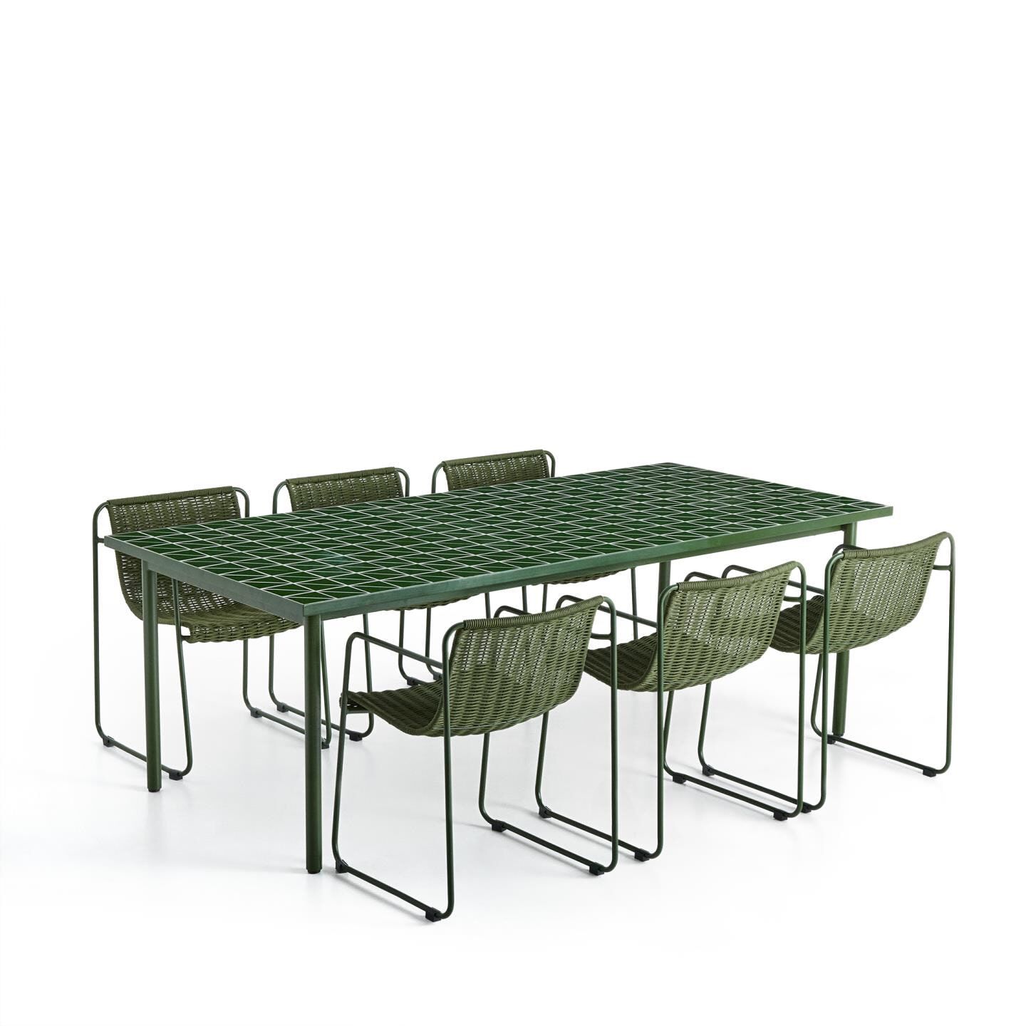 Kave Home Maurina Tuinset – 6 stoelen, bijpassende tafel en handgeweven touw in fris groen