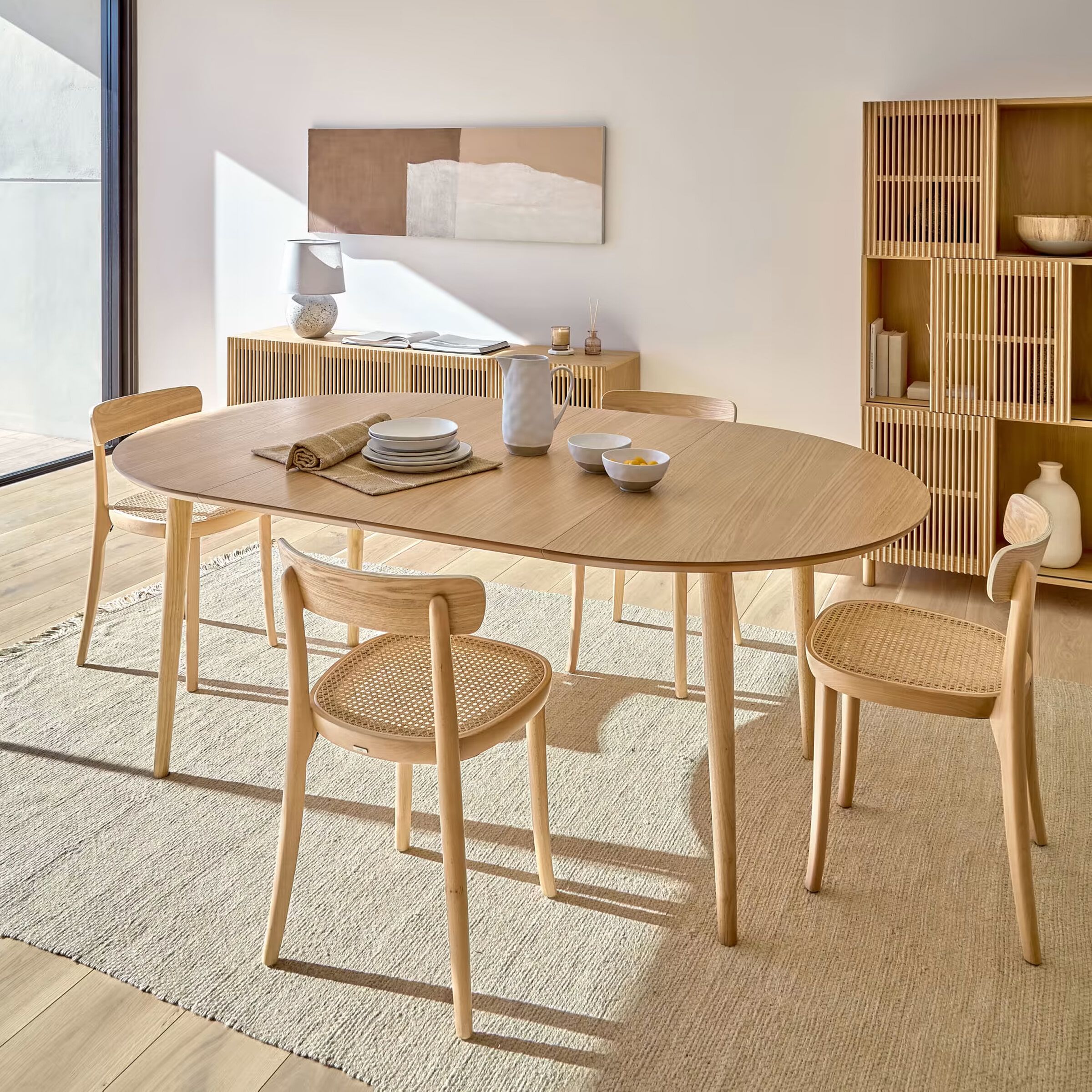 Kave Home Oqui uitschuifbare ronde eettafel – 120‑200 cm, eiken naturel (Japandi)