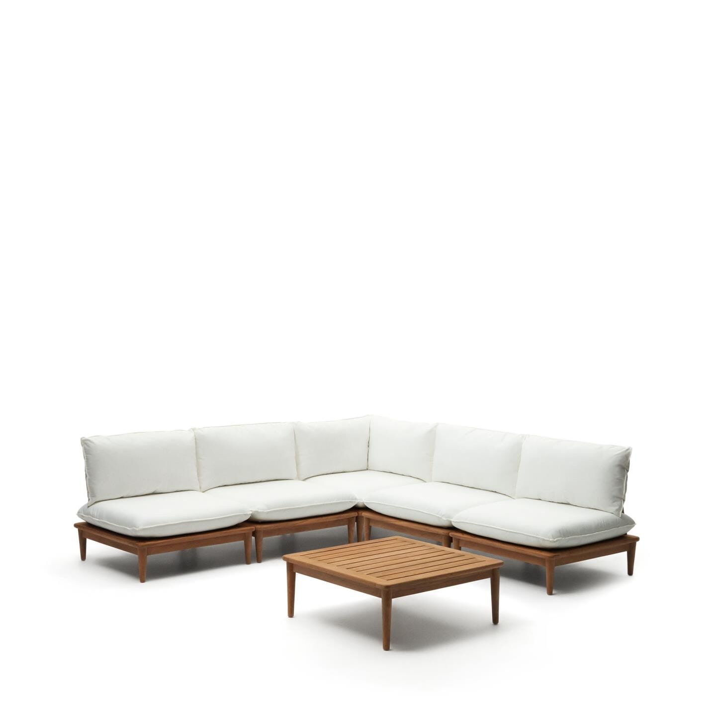 Kave Home Portitxol Modulaire Loungeset in Teakhout – Comfortabele Buitenhoek met Hoekfauteuil, 4 Fauteuils en Salontafel (Wit)