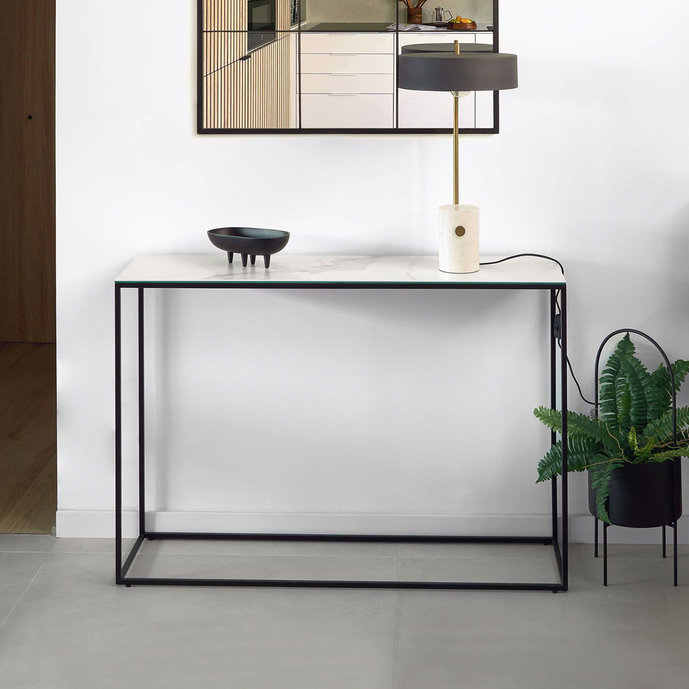 Kave Home Rewena Sidetable – keramisch blad met marmer‑look, 110 cm, wit
