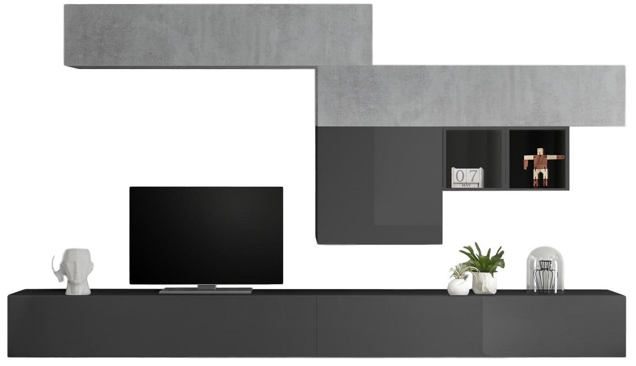 Kera TV‑wandmeubel in hoogglans grijs – Moderne media‑oplossing met betonaccent