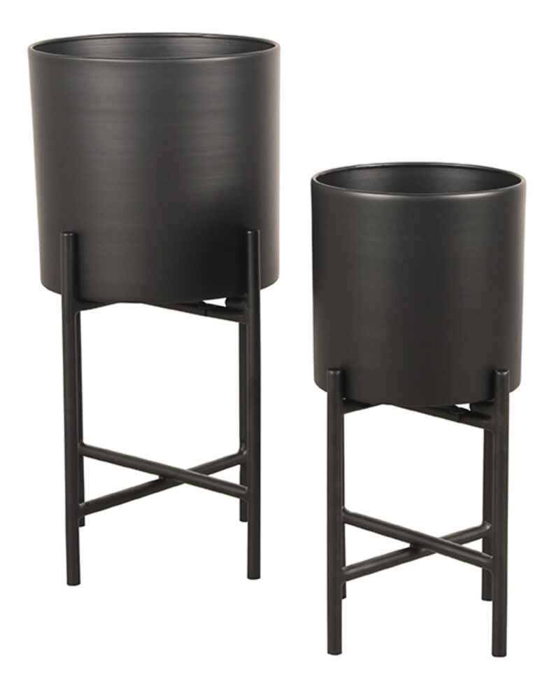 LABEL51 Plantin Plantenstandaard Set – 2 Zwarte Metalen Stelen met Bloempotten