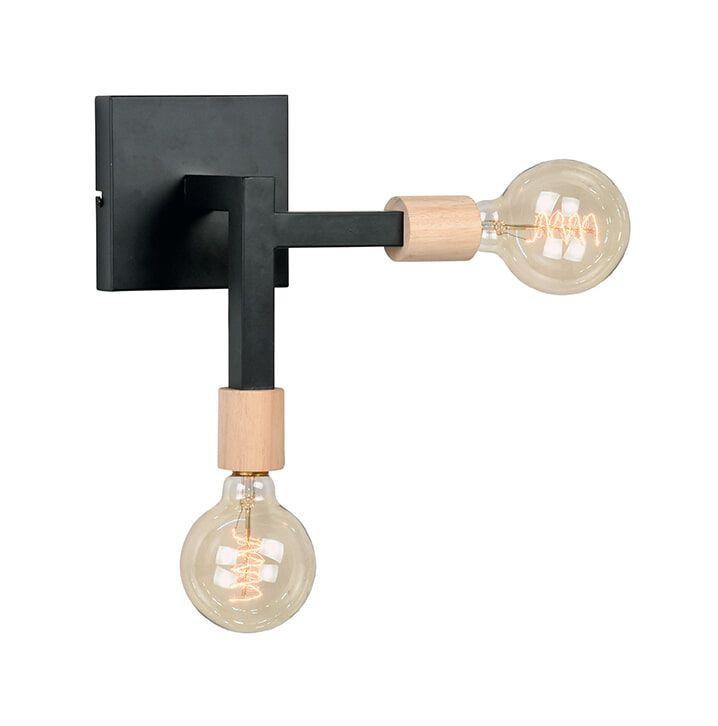 Label51 Wandlamp Loco – Strakke Zwarte Metalen Lamp met Houten Accenten
