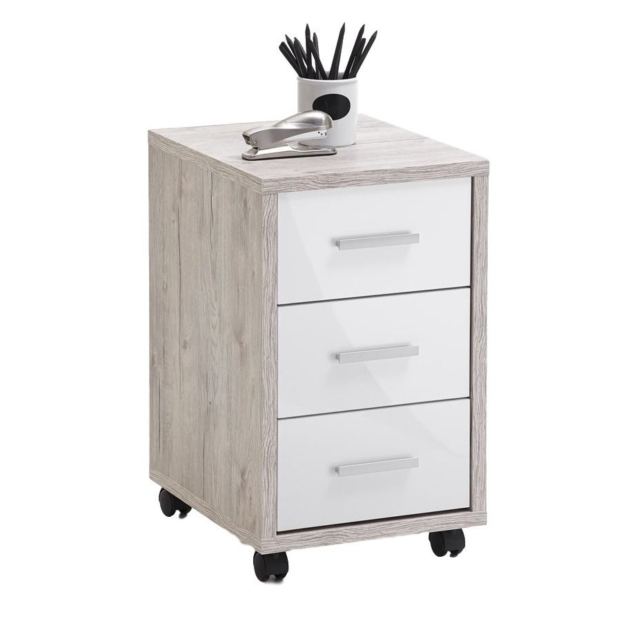 Ladeblok Gody – 3‑laden kast in zand eiken met hoogglans wit