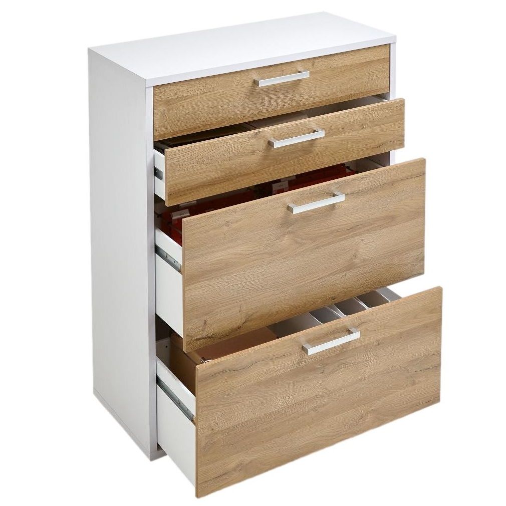 Ladekast Calvia – Strakke, witte ladekast met oud eiken lades, 111 cm hoog