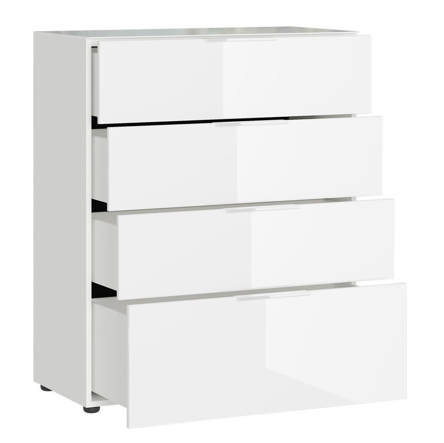 Ladekast Oakland – Strakke witte opbergkast met soft‑close lades en glazen panelen