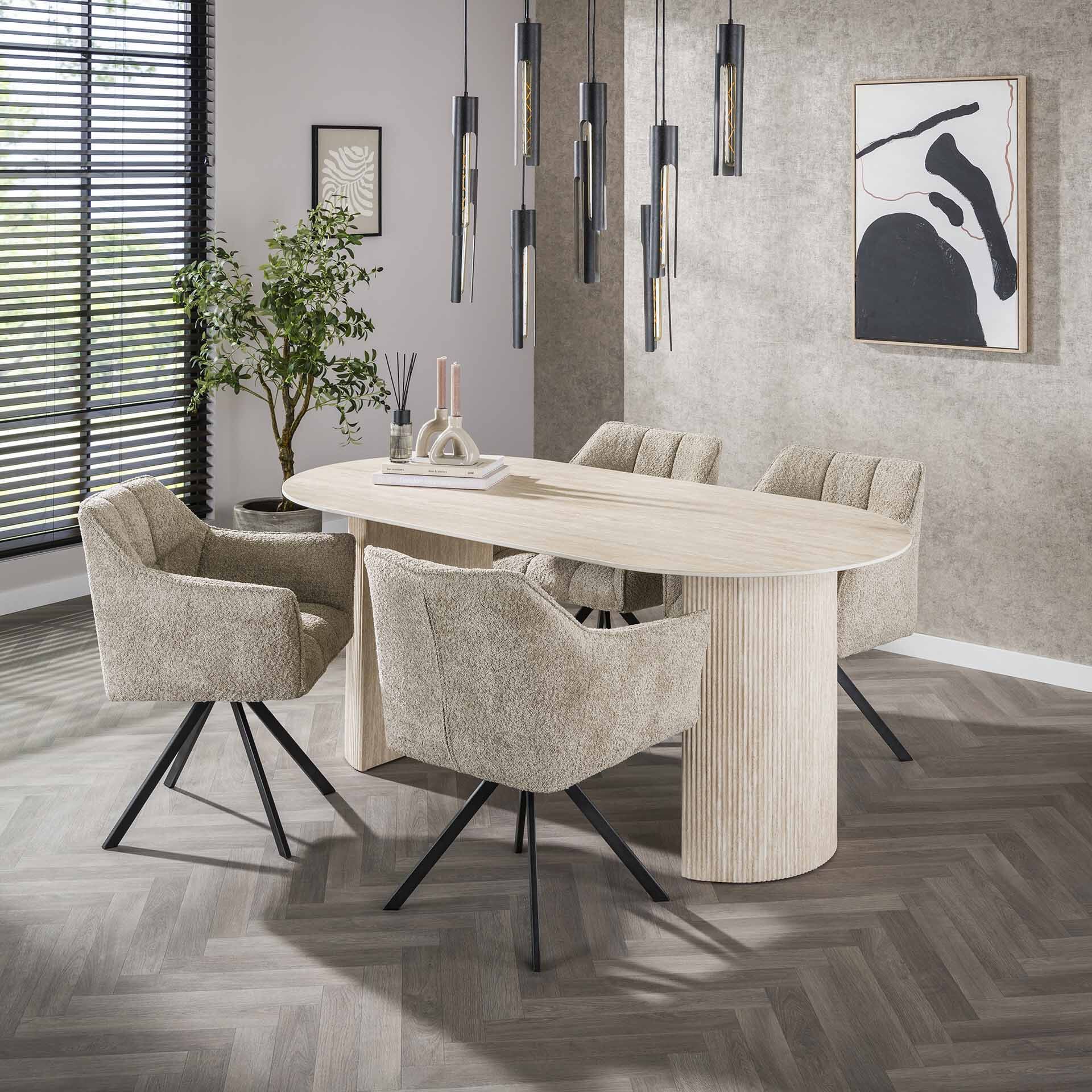 Laycie ovale eettafel van LifestyleFurn – keramiek travertin-look, 180 × 90 cm, beige (Japandi)