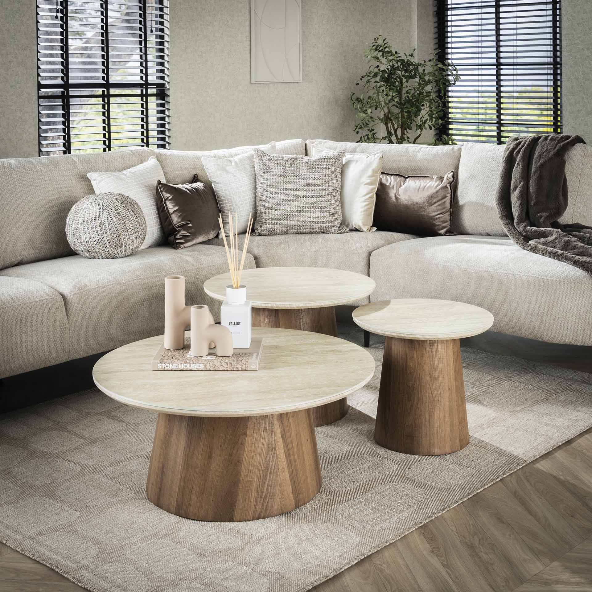 Laycie ronde salontafel set van 3 – keramiek in travertin‑look, Japandi stijl