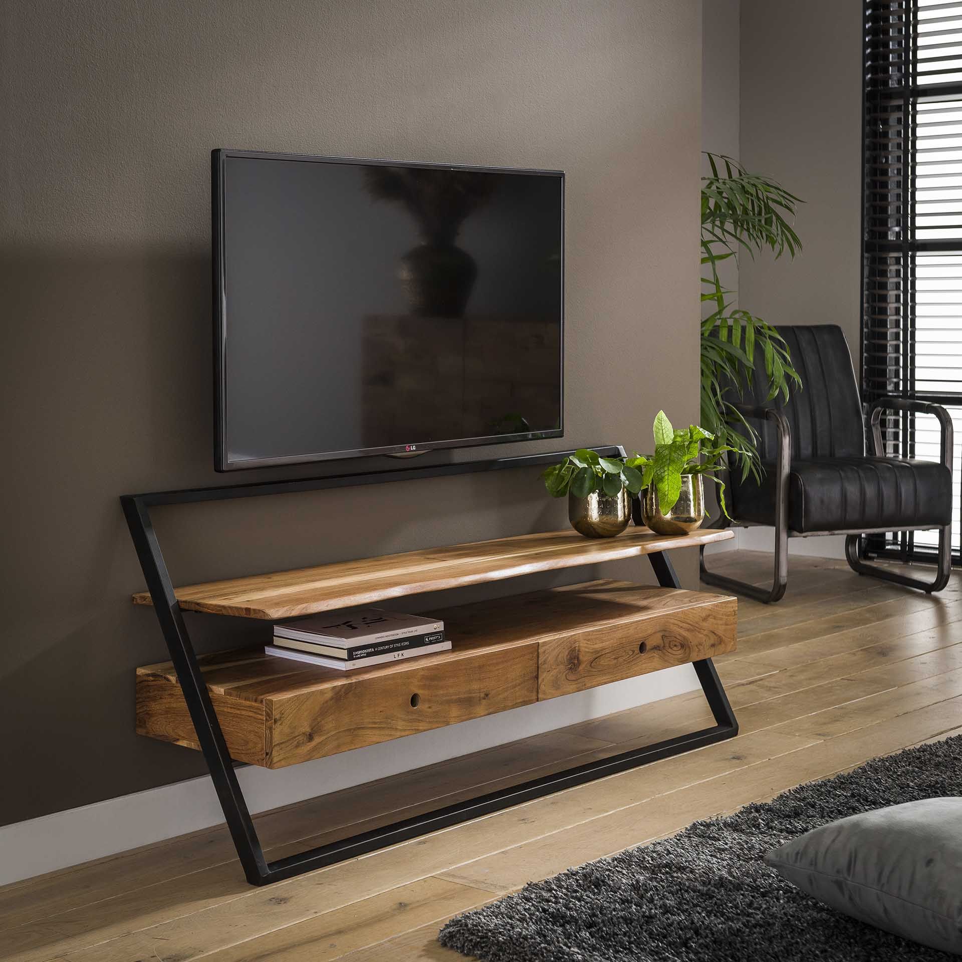 Lean TV-meubel 140 cm – Strak acaciahout en metalen frame voor een moderne woonkamer