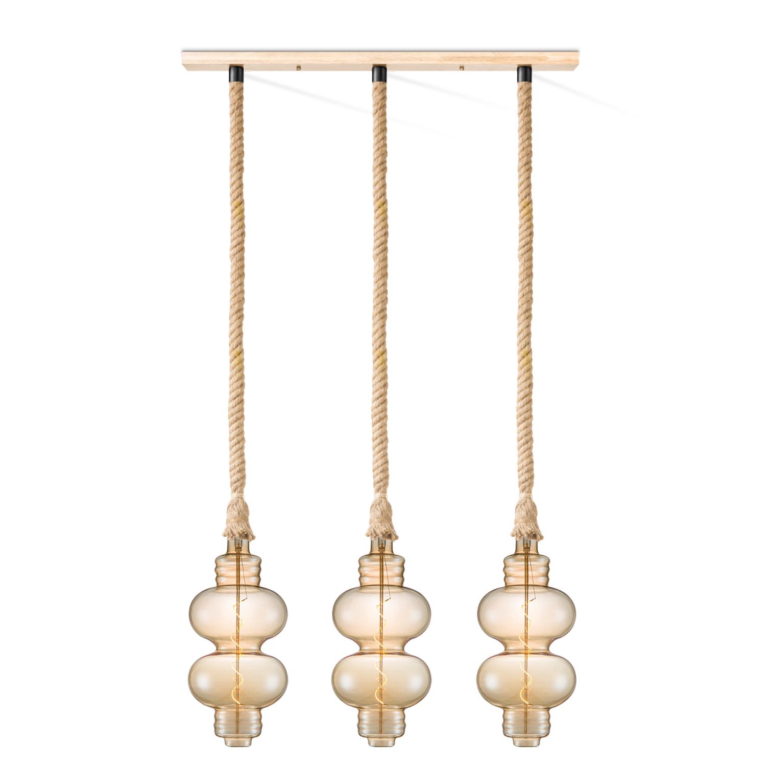 Leonardo 3‑Lichts Touw Hanglamp – Amber & Hout