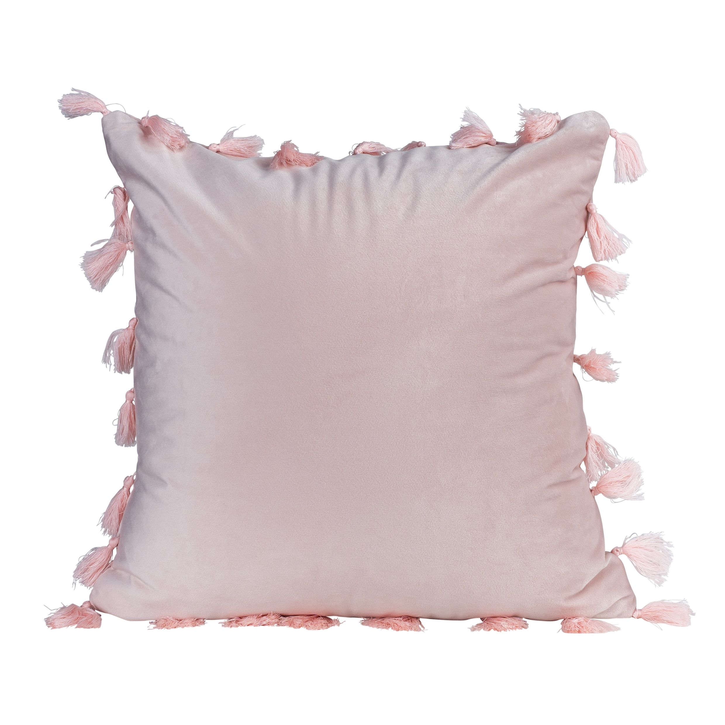 Lichtroze fluwelen sierkussen met speelse franjes – QUVIO 45×45 cm