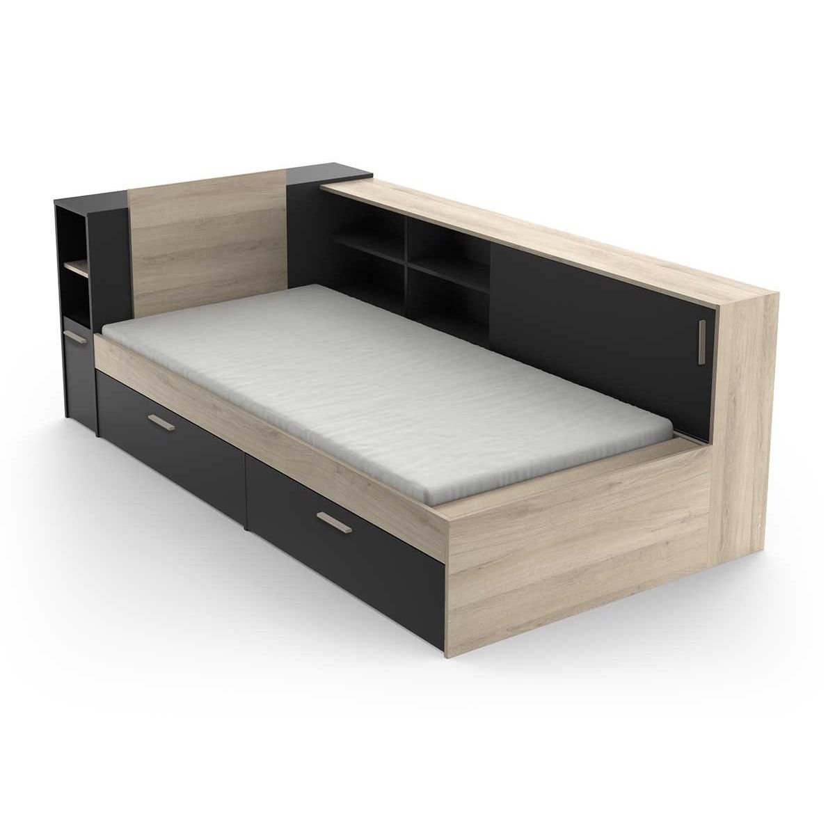 Life eenpersoonsbed 90 × 190‑200 cm – Zwart met eiken accent