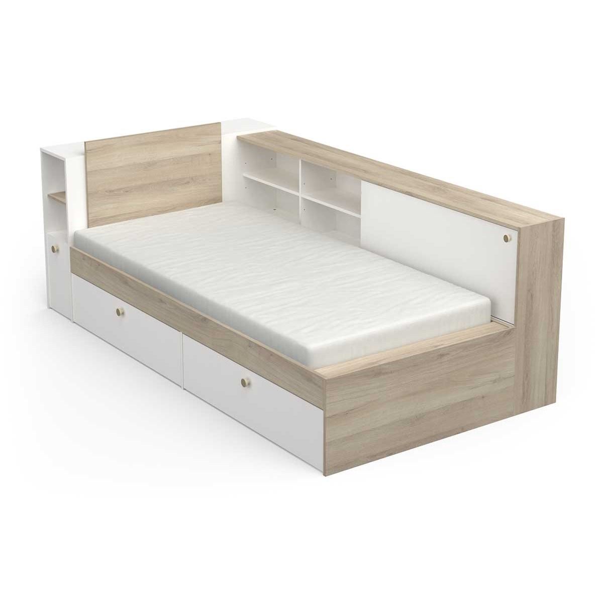 Life eenpersoonsbed 90×190‑200 cm – Modern wit met eikenaccent