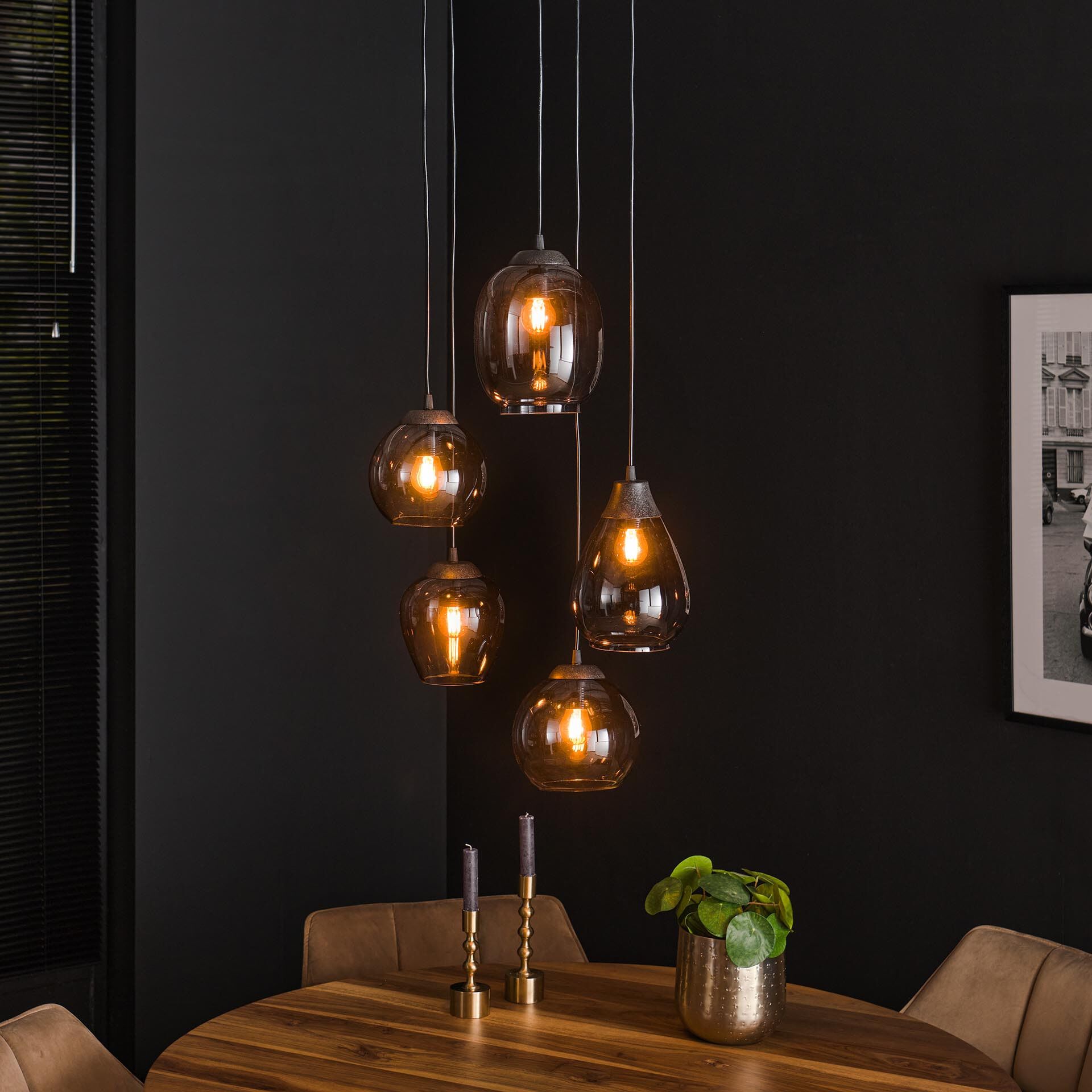 LifestyleFurn Francesco 5‑lampen Hanglamp – Chromed Glas