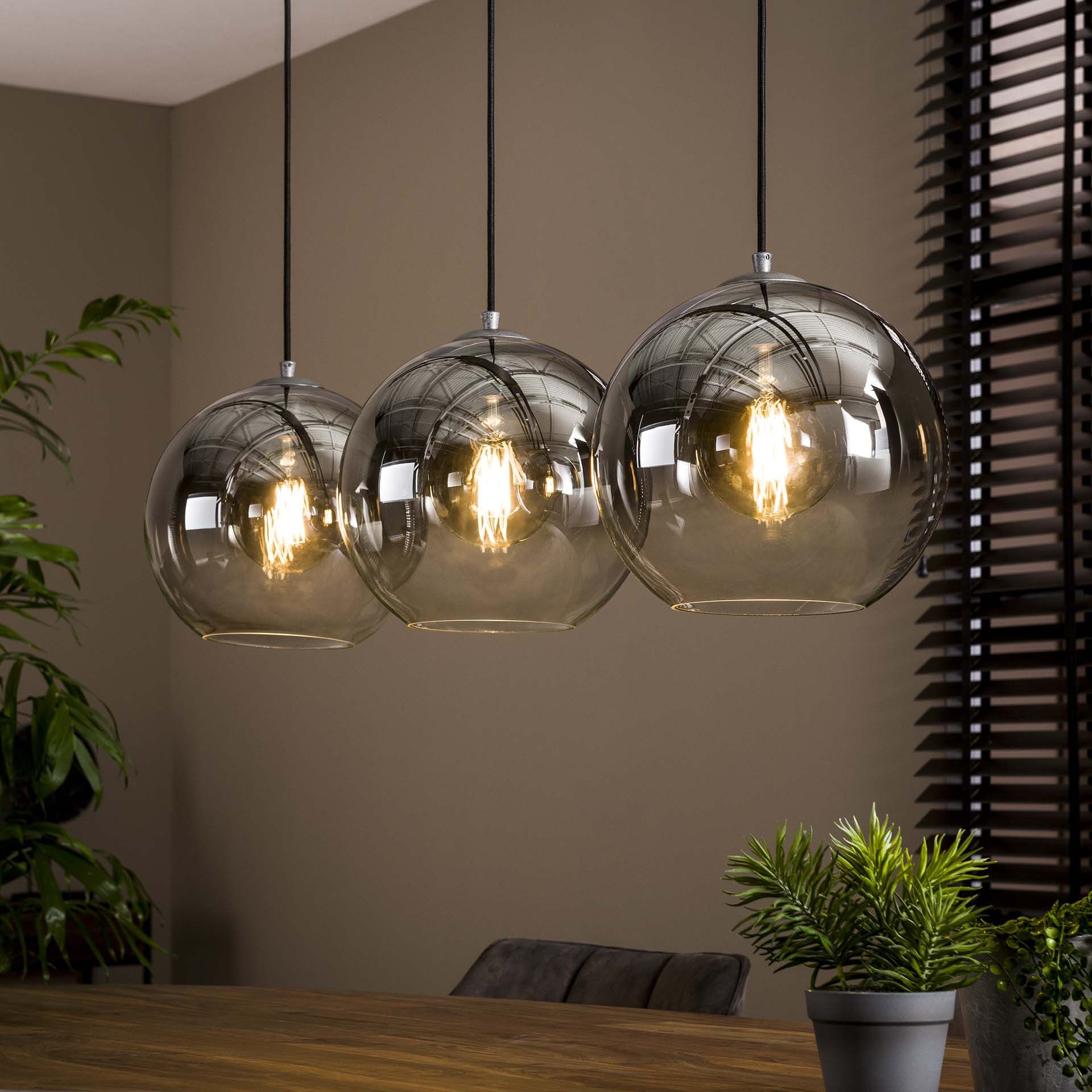 LifestyleFurn Hanglamp Bubble Shaded – Drie Rookglasbollen in Zilveren Finish
