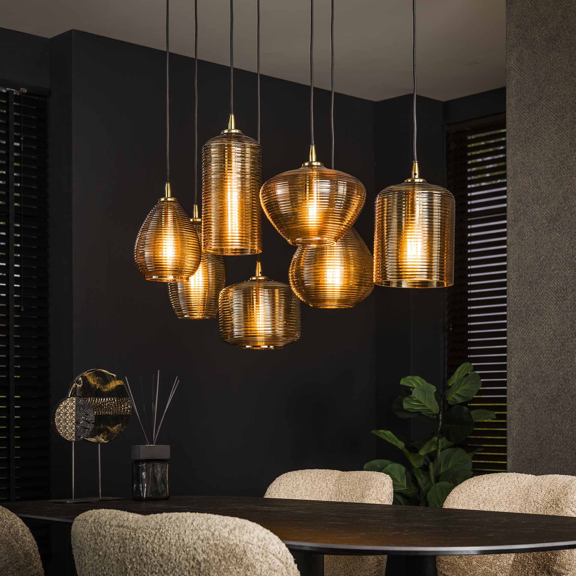 LifestyleFurn Hanglamp Kirin – Amberkleurig Glazen Hanglamp met 7 Dimbare Lichtbronnen