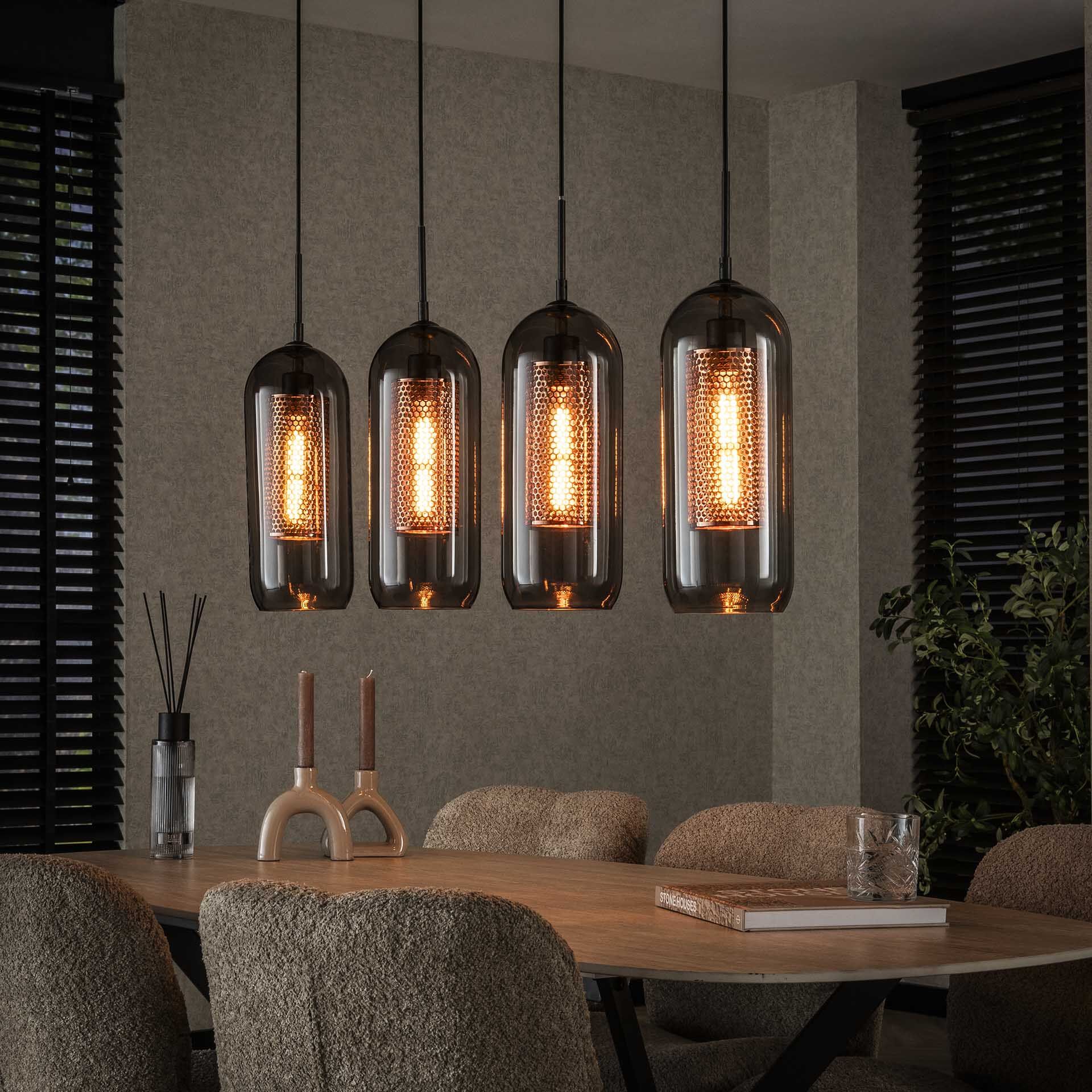 LifestyleFurn Jaida Hanglamp – Moderne 4‑lampen met smoke glas en koperen mesh