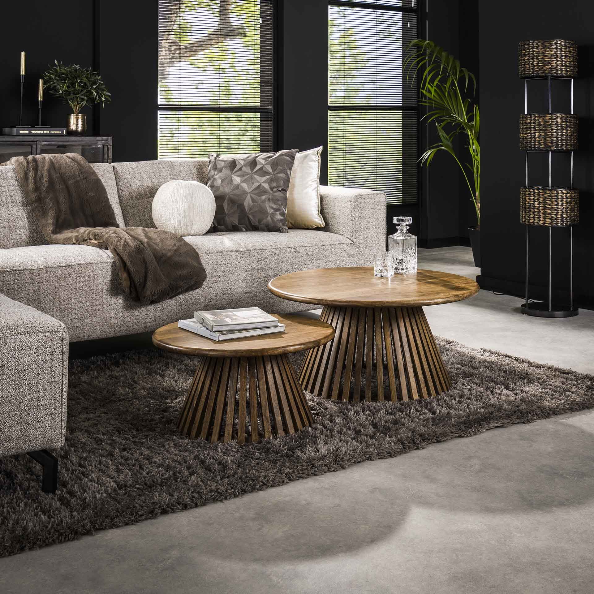 LifestyleFurn Jean‑Claude Salontafelset van 2 – ronde mangohouten tafels, Naturel