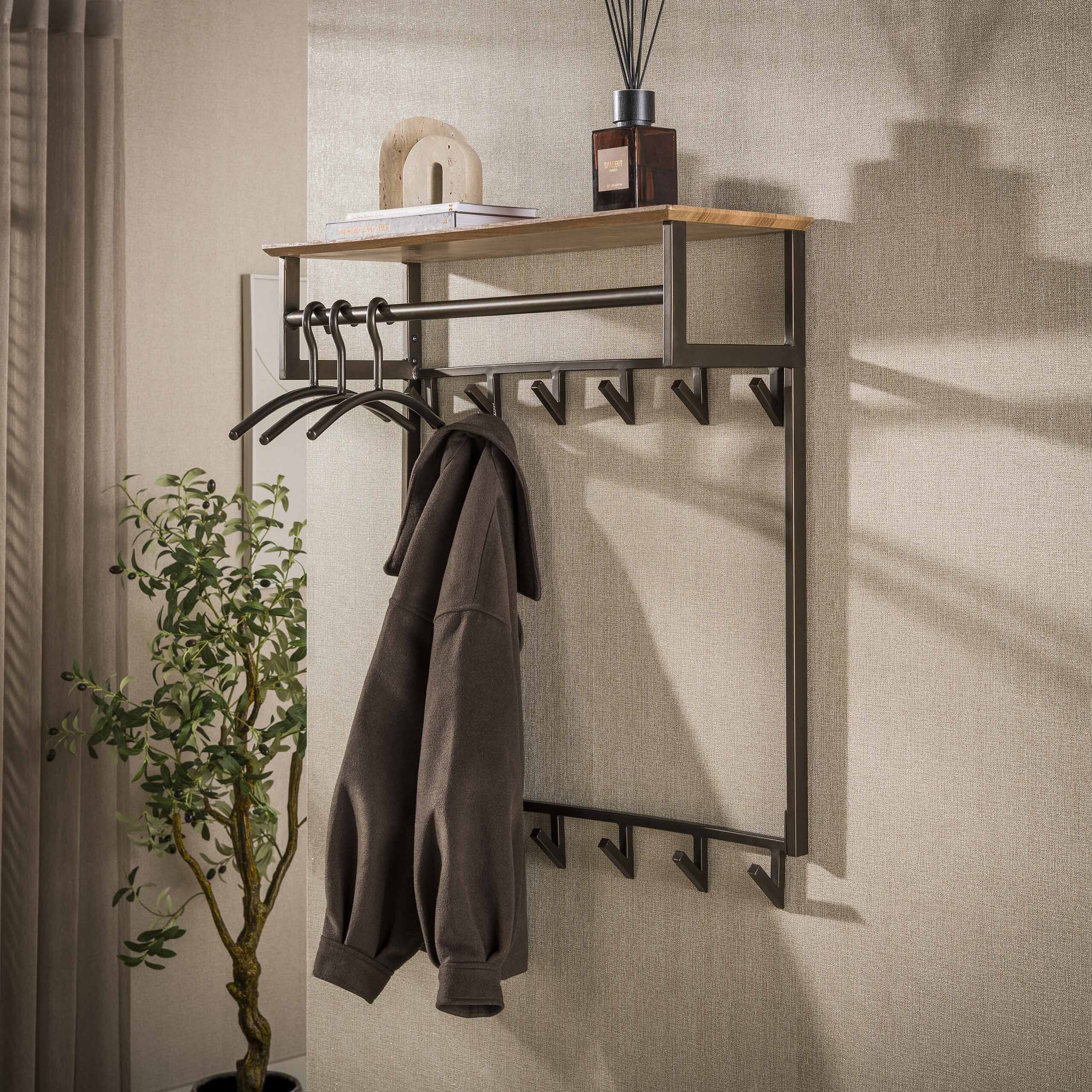 LifestyleFurn Kapstok Tekia – Brons en eikenlook, 12 haken voor een stijlvolle entree