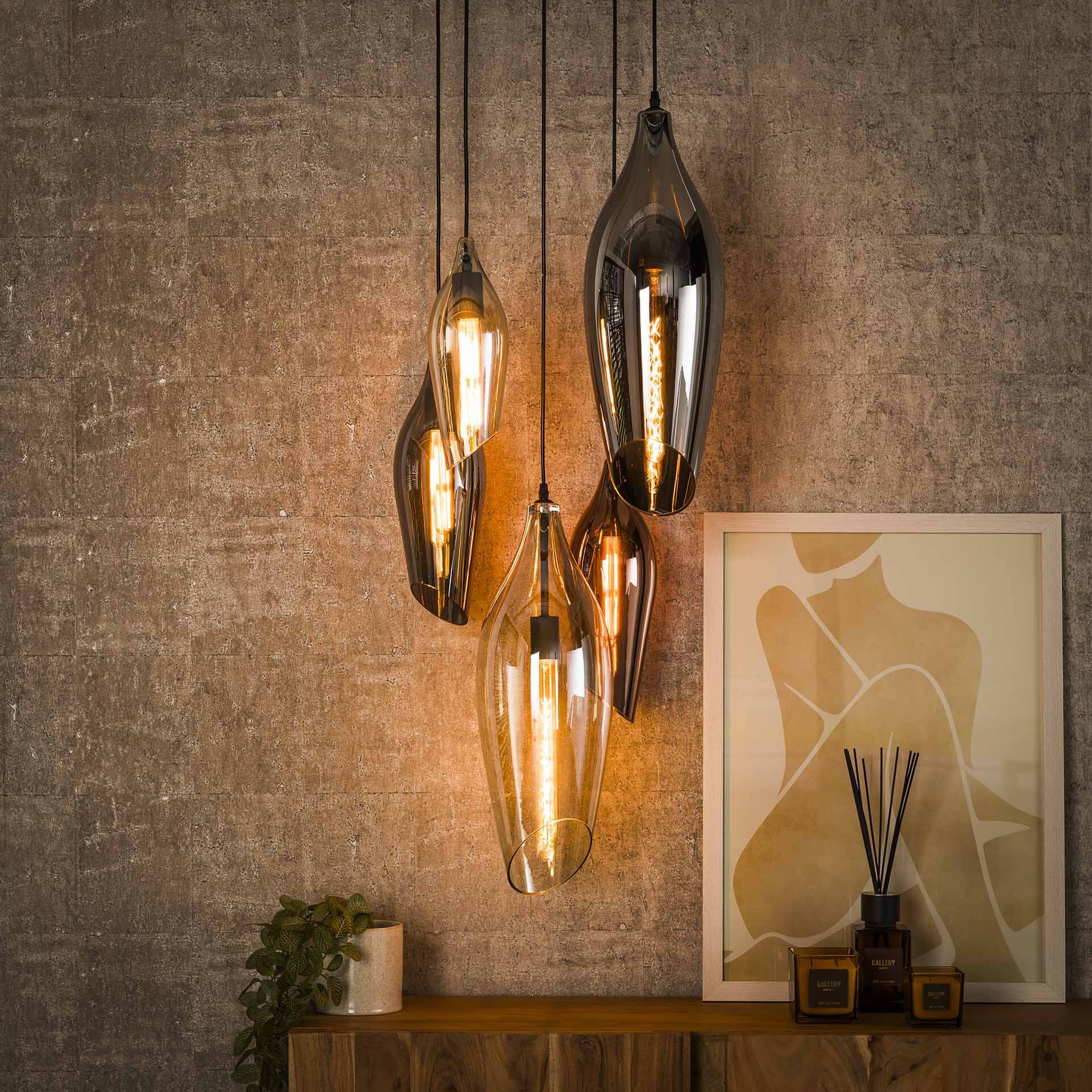 LifestyleFurn Luvia Hanglamp – Moderne 5‑lampen fixture met kleurrijke glazen kappen
