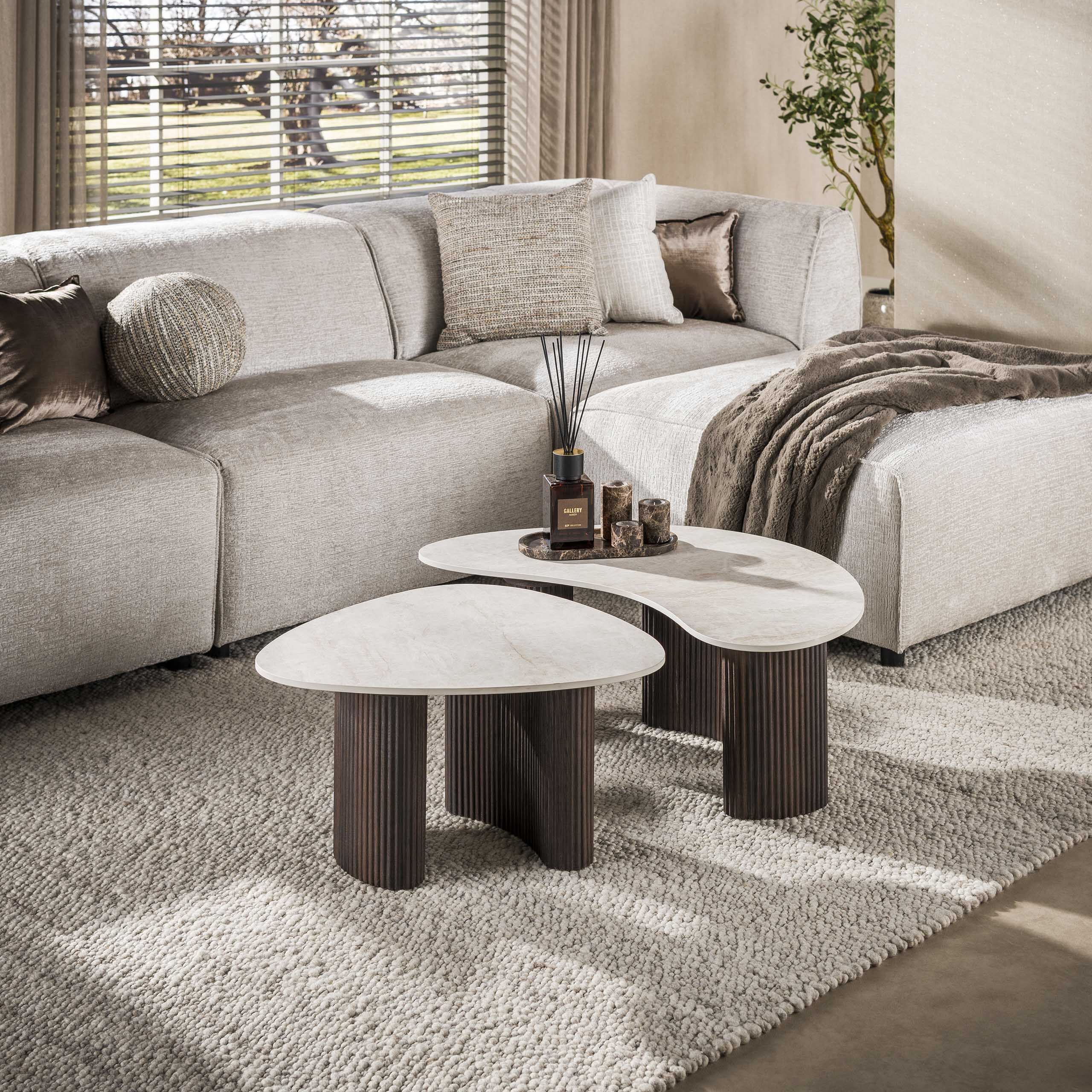 LifestyleFurn Organische Salontafel Akai – Set van 2 in Taj Mahal‑keramiek (Bruin)