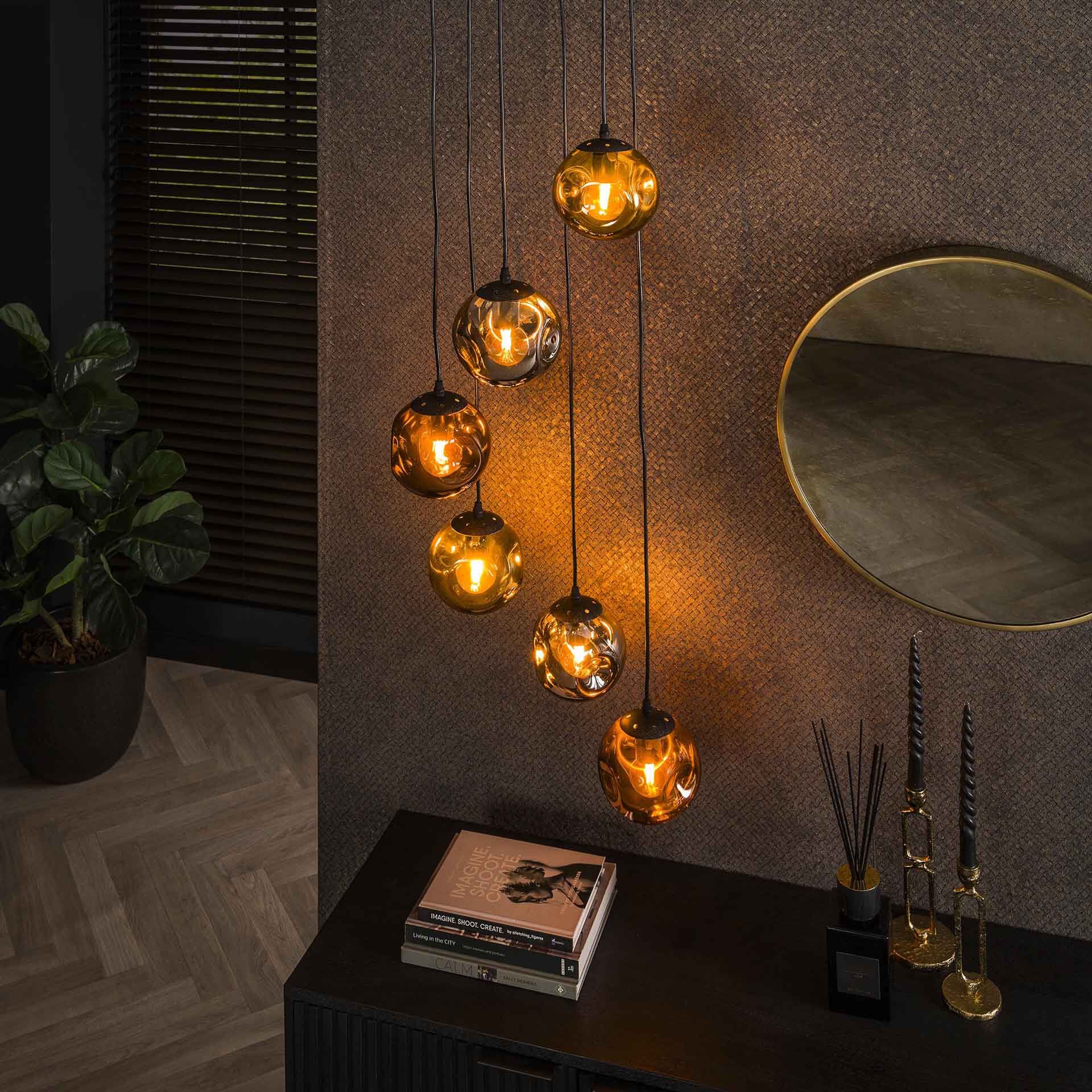 LifestyleFurn Shahid Hanglamp – 6 Glazen Kappen in Artic Zwart